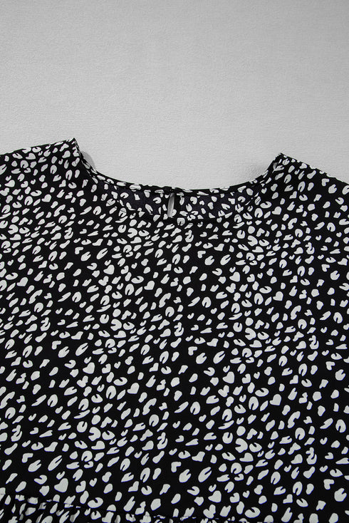 Black Leopard Print Ruffled Short Sleeve Keyhole Back Tiered Flowy Plus Size Blouse